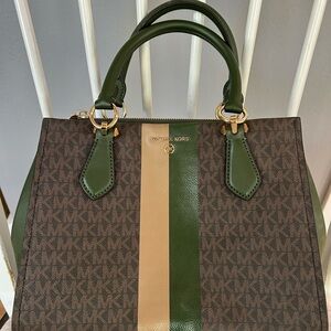Michael Kors Green and Brown Tote with Gold Accents